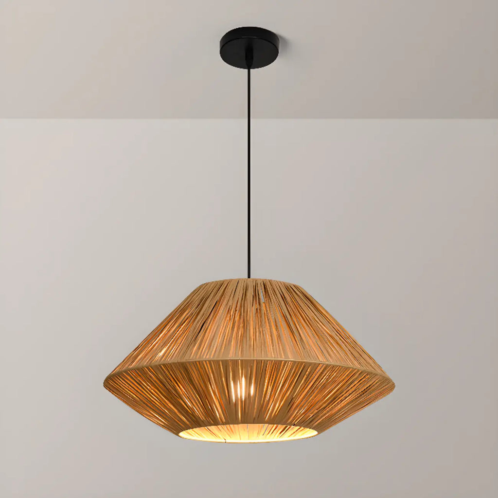 Adjustable Oriental Rattan & Metal Beige Pendant Light