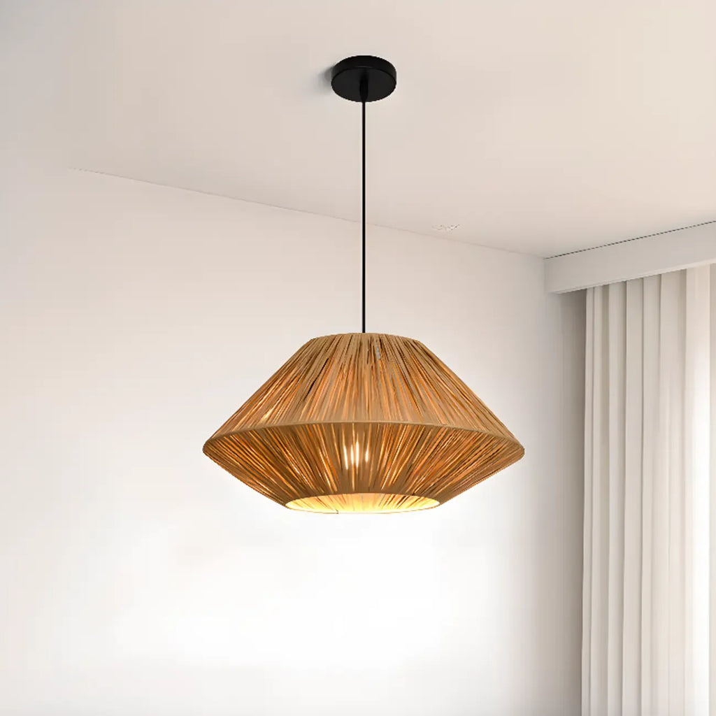Adjustable Oriental Rattan & Metal Beige Pendant Light