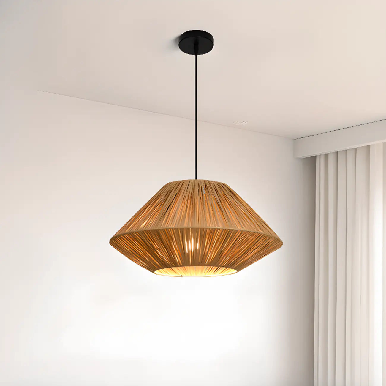 Adjustable Oriental Rattan & Metal Beige Pendant Light