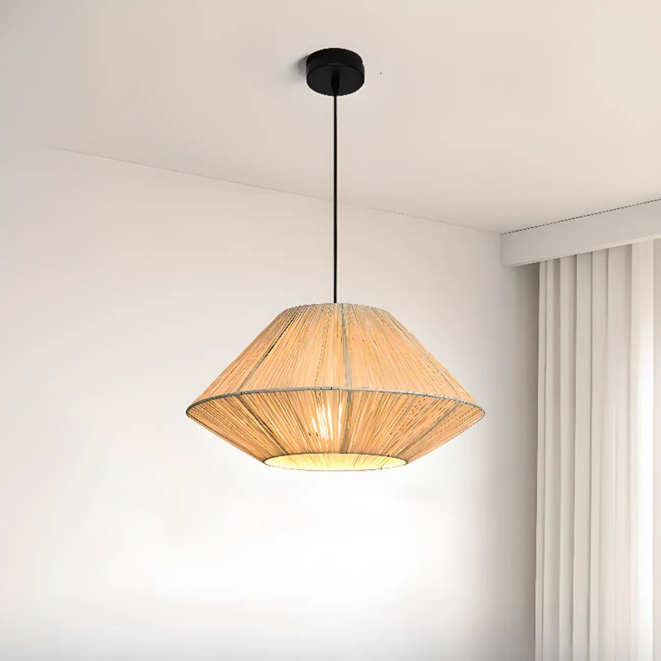 Adjustable Oriental Rattan & Metal Beige Pendant Light