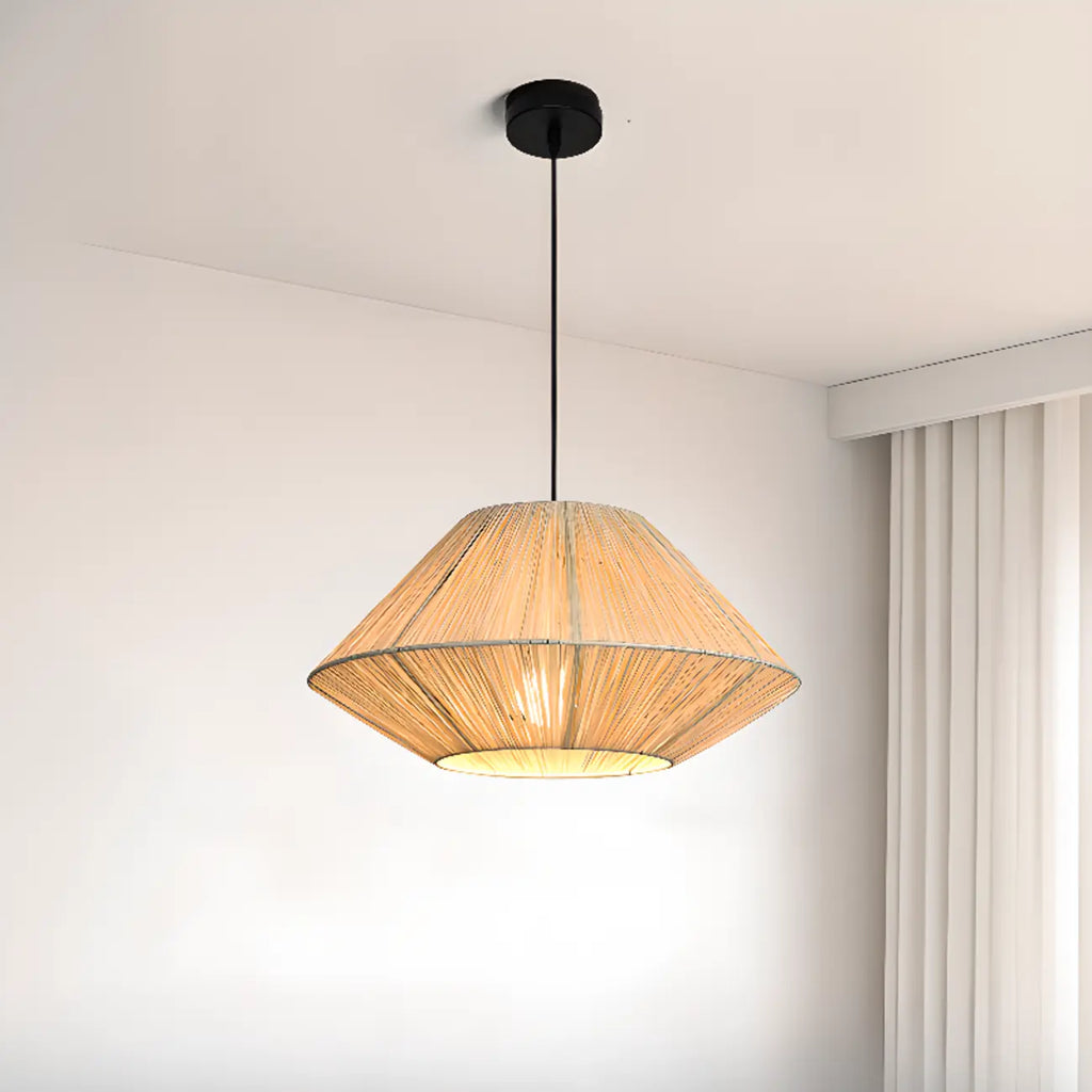 Adjustable Oriental Rattan & Metal Beige Pendant Light