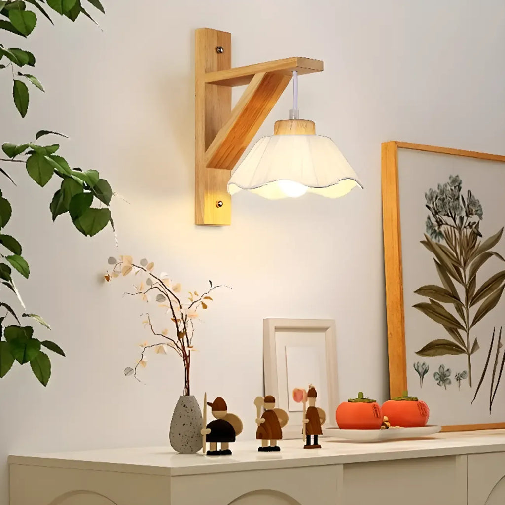 Indoor Mini Wall Sconce with Fabric Shade & Wooden Frame