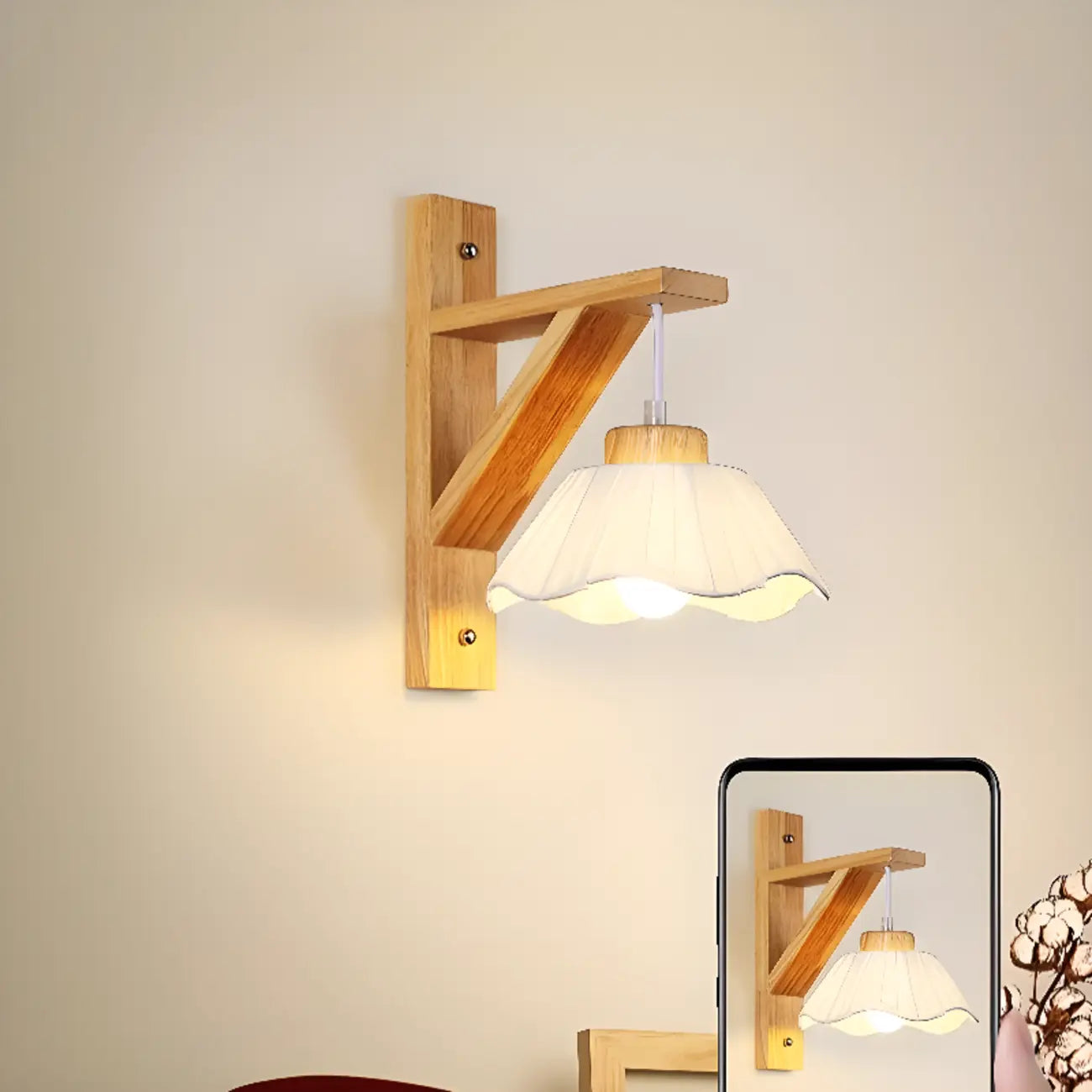 Indoor Mini Wall Sconce with Fabric Shade & Wooden Frame