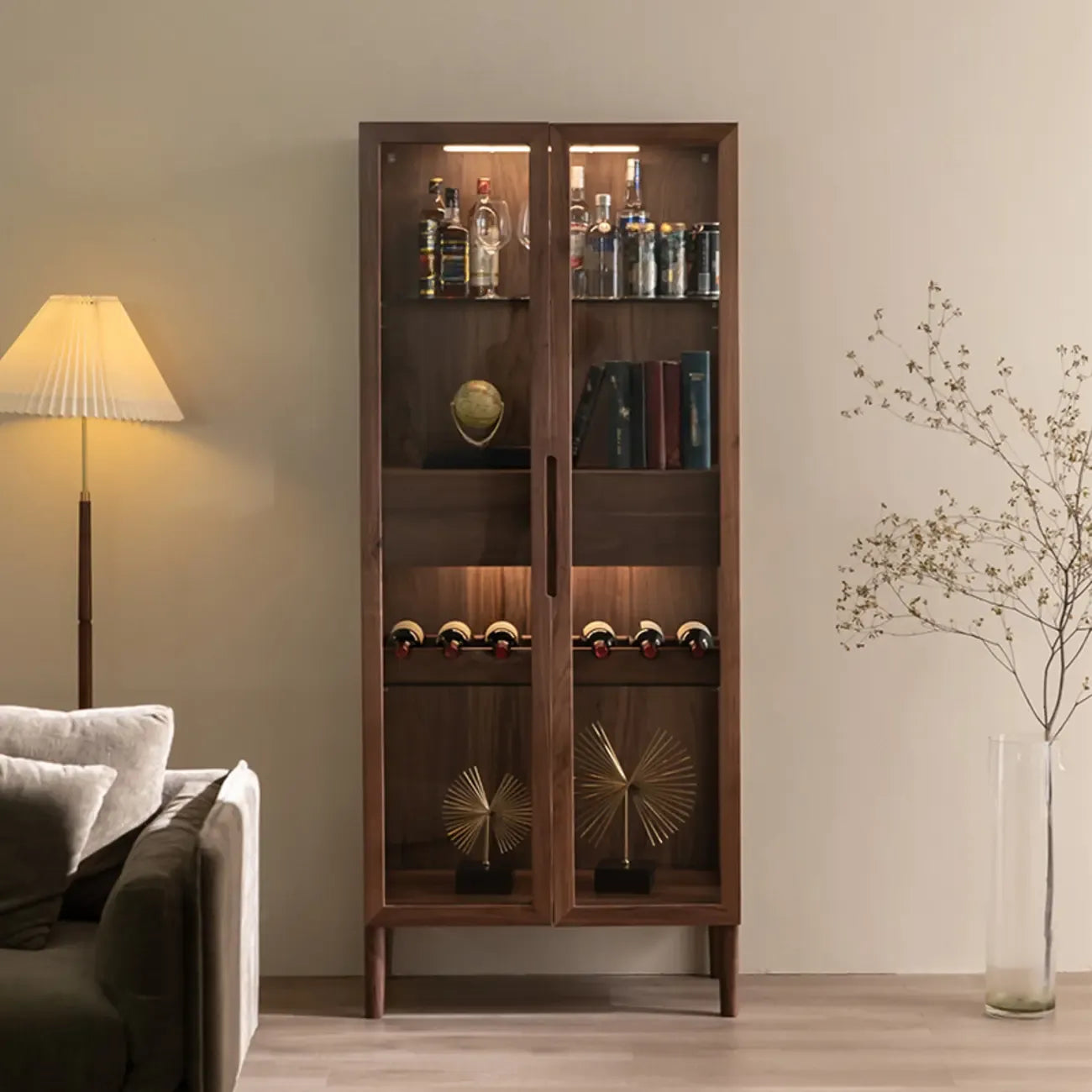 Sitting Room Old School Walnut Glass Cabinet with Illuminating