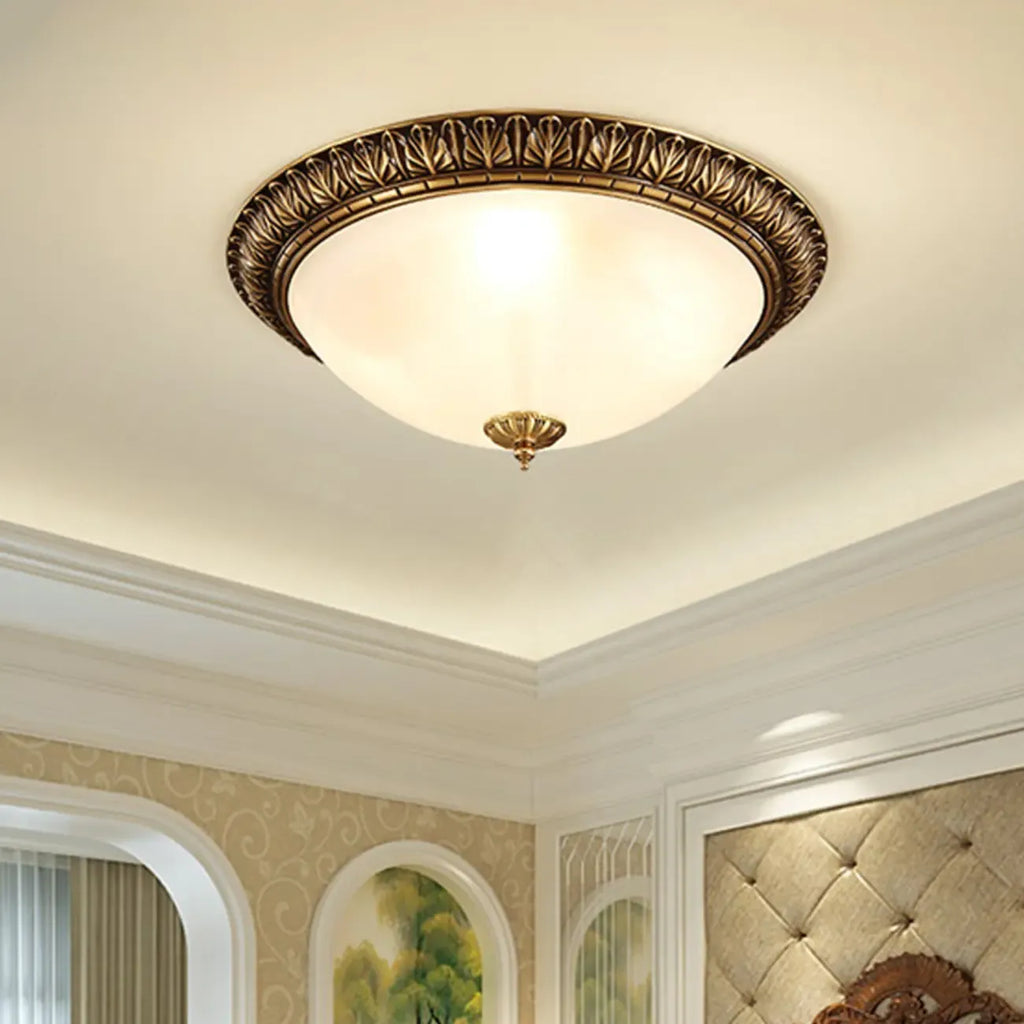 Victorian White Glass Brass Dome Flush Mount Light