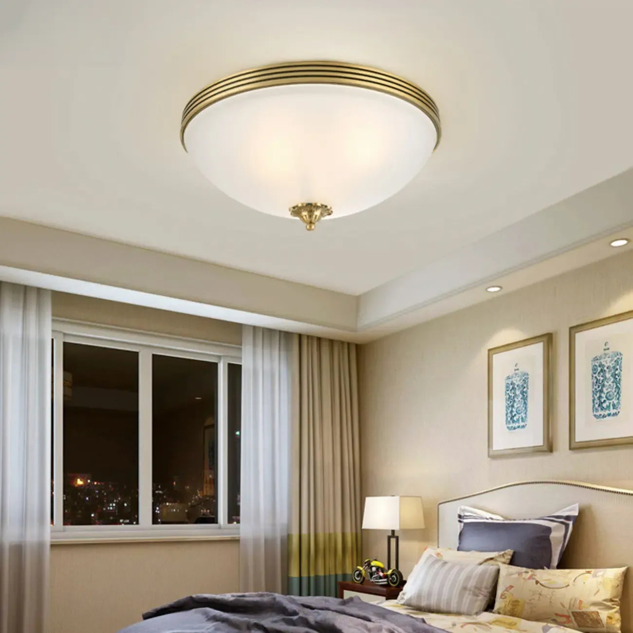 Victorian White Glass Brass Dome Flush Mount Light