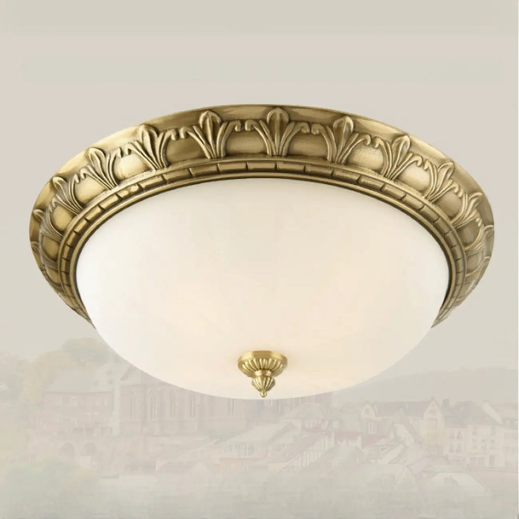 Victorian White Glass Brass Dome Flush Mount Light