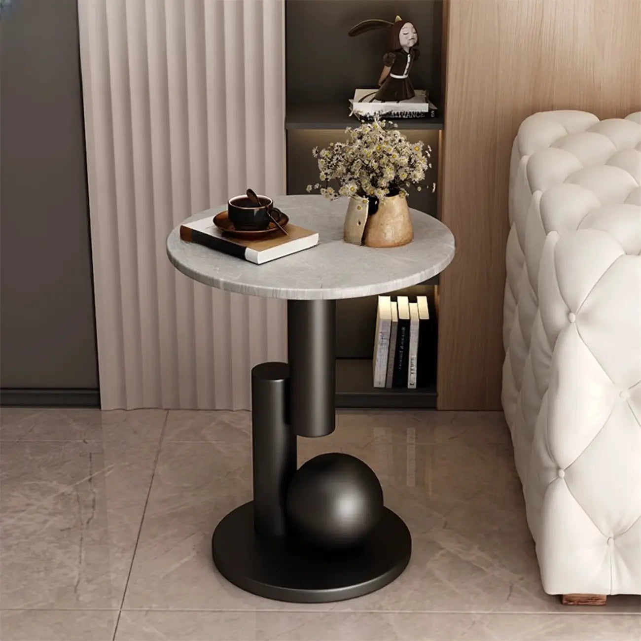 Glam Round Stone Top End Table Abstract Base