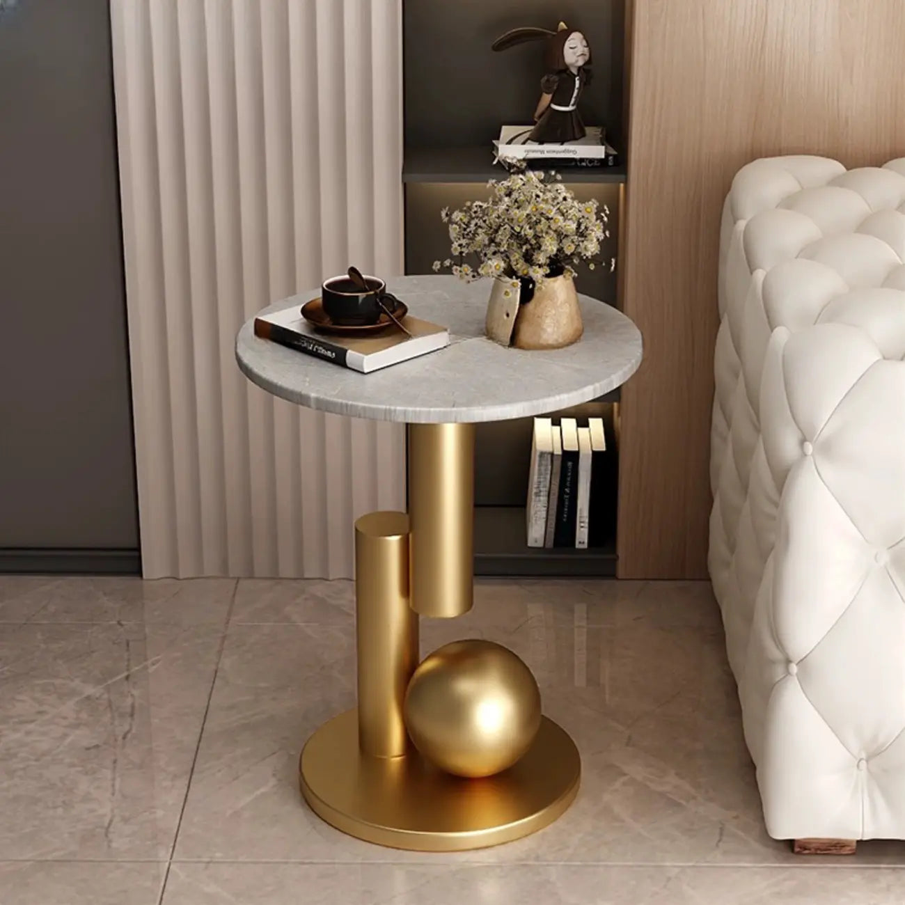 Glam Round Stone Top End Table Abstract Base