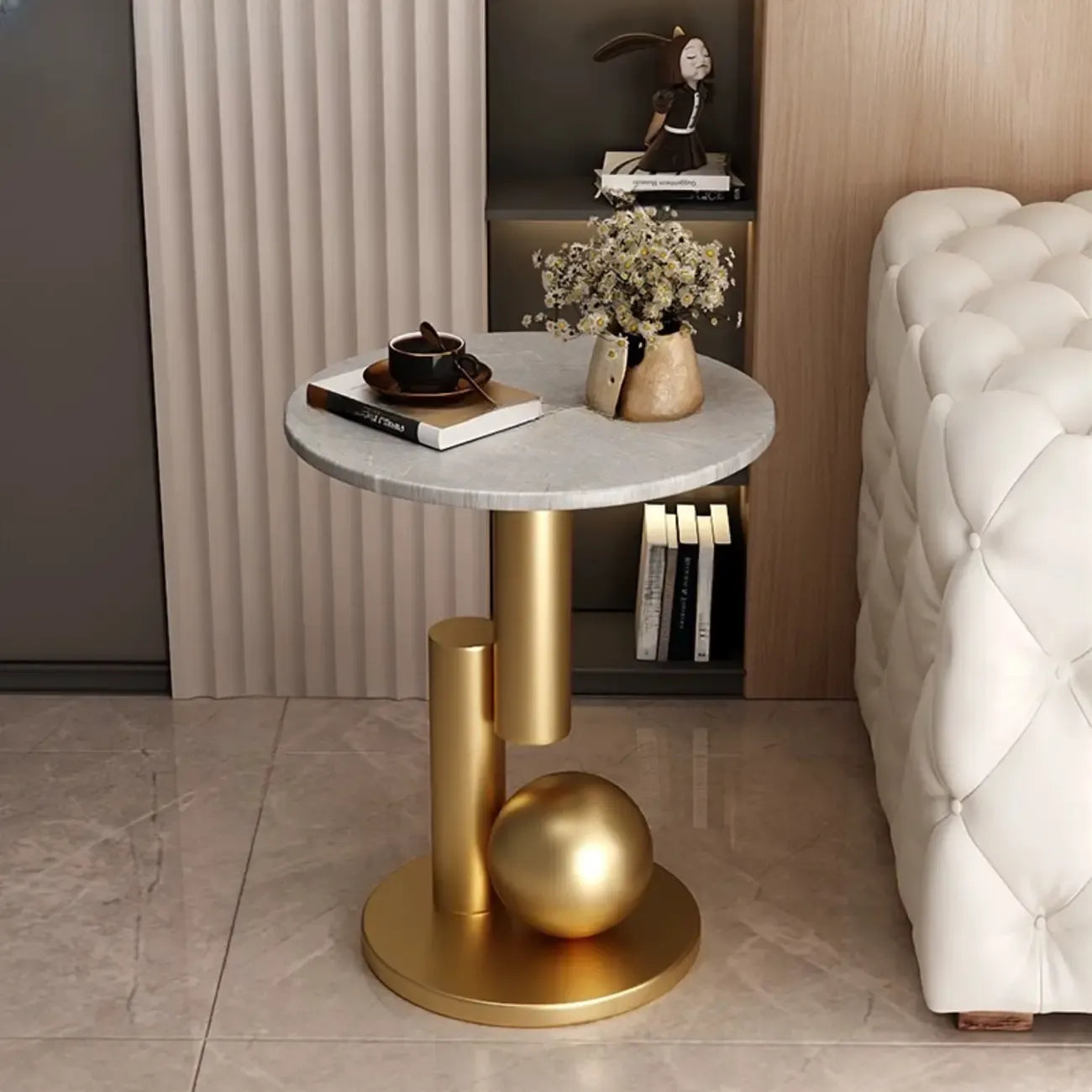 Glam Round Stone Top End Table Abstract Base