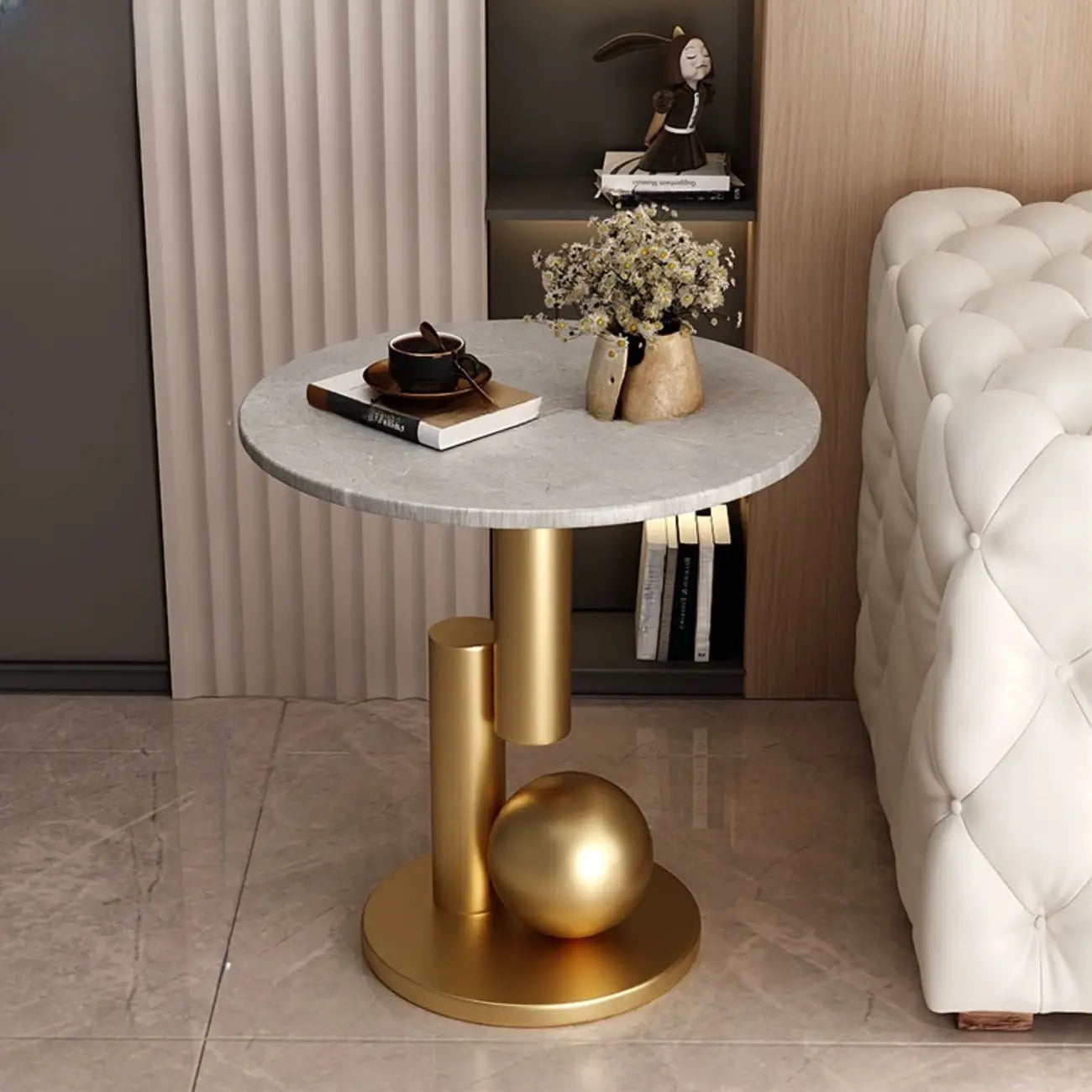 Glam Round Stone Top End Table Abstract Base
