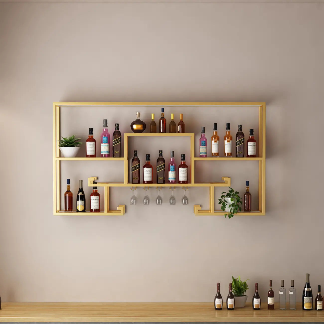 Multi-Shelf Metal Wall-Mounted Wine Bottle & Glass Rack
