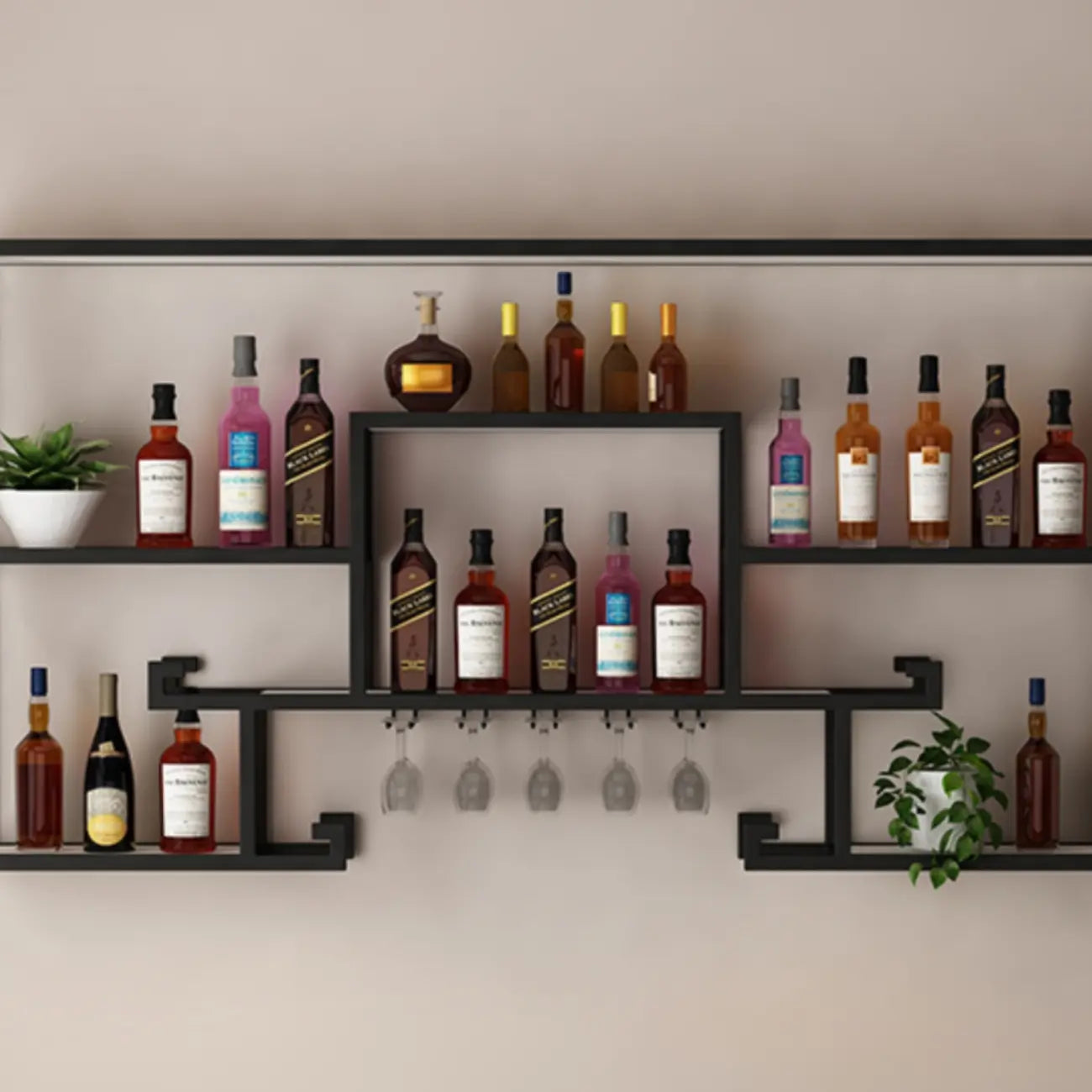Multi-Shelf Metal Wall-Mounted Wine Bottle & Glass Rack