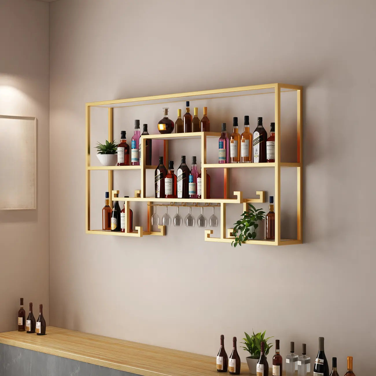 Multi-Shelf Metal Wall-Mounted Wine Bottle & Glass Rack
