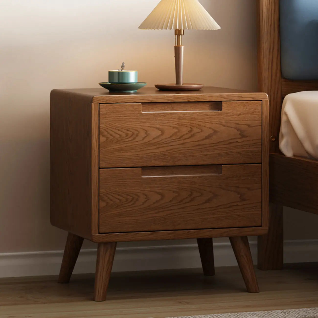 Narrow Solid Wood Bedside 2 Drawers Nightstand in Natural