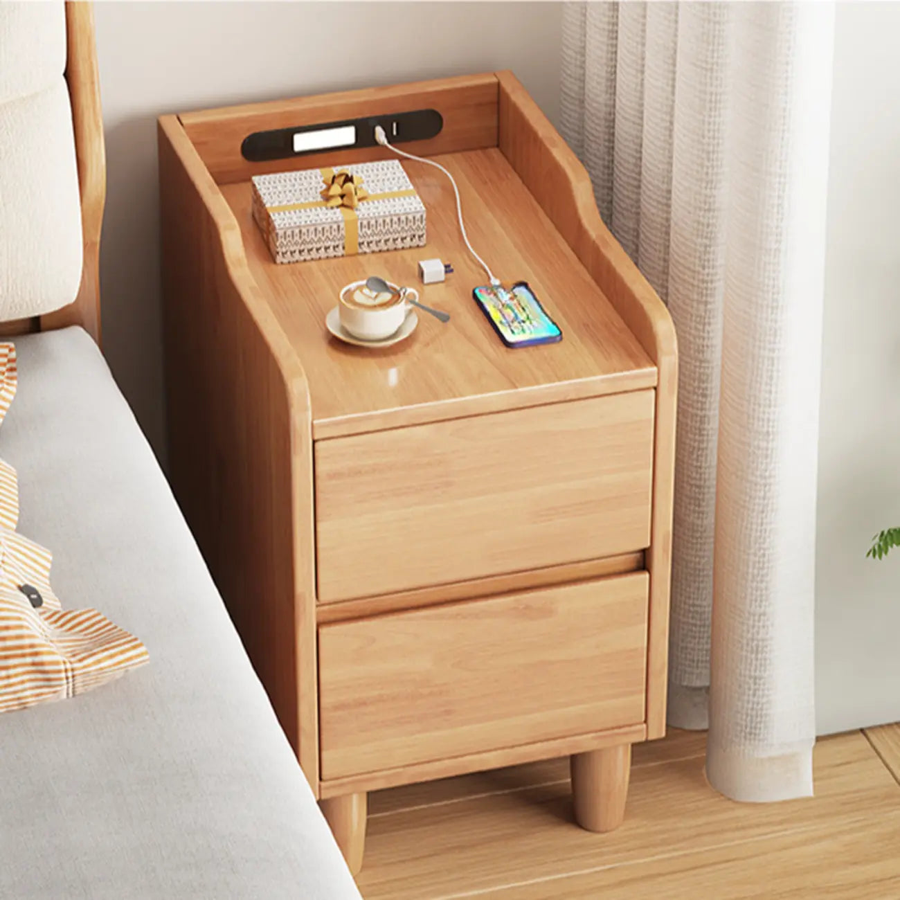 Brown Wood USB-Charging Drawers Nightstand with Lighting
