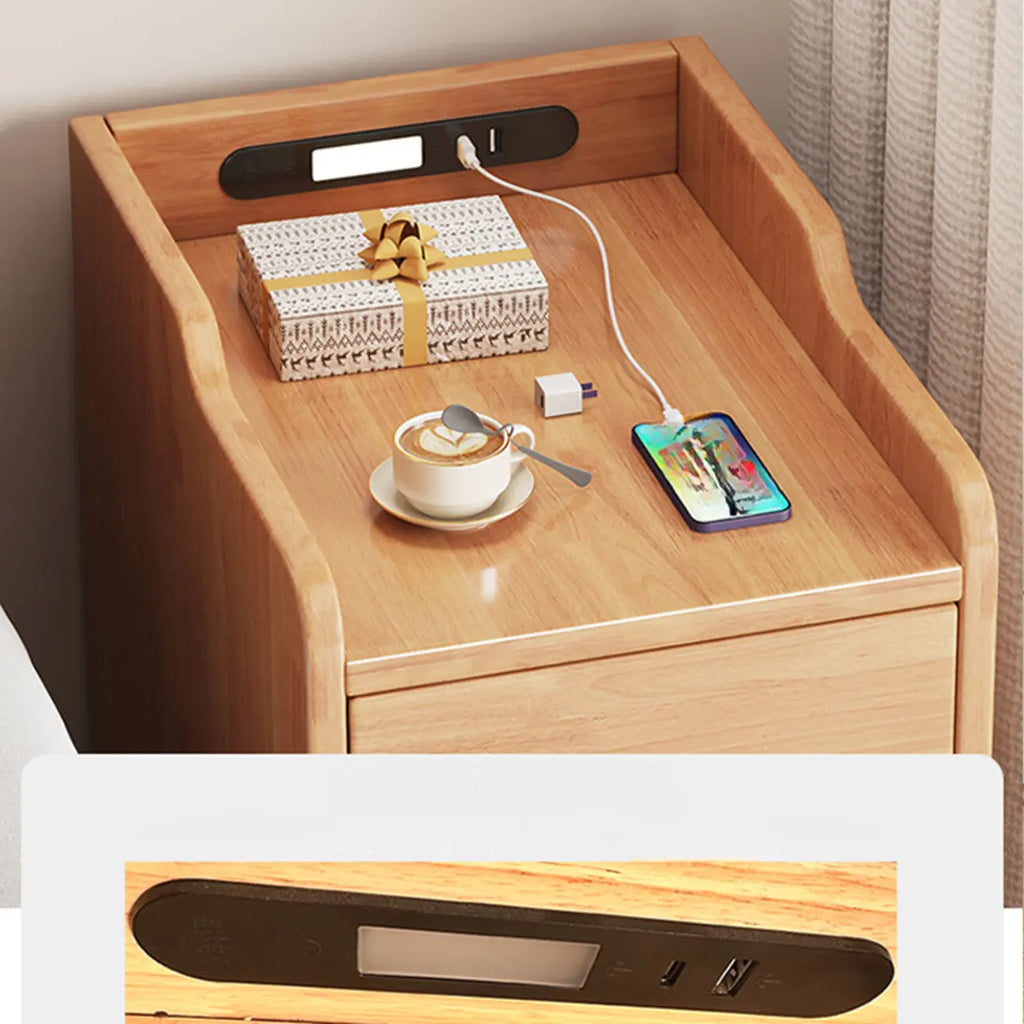 Brown Wood USB-Charging Drawers Nightstand with Lighting