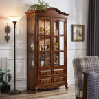 Antique Nut-Brown Wooden Glass Display Storage Cabinet