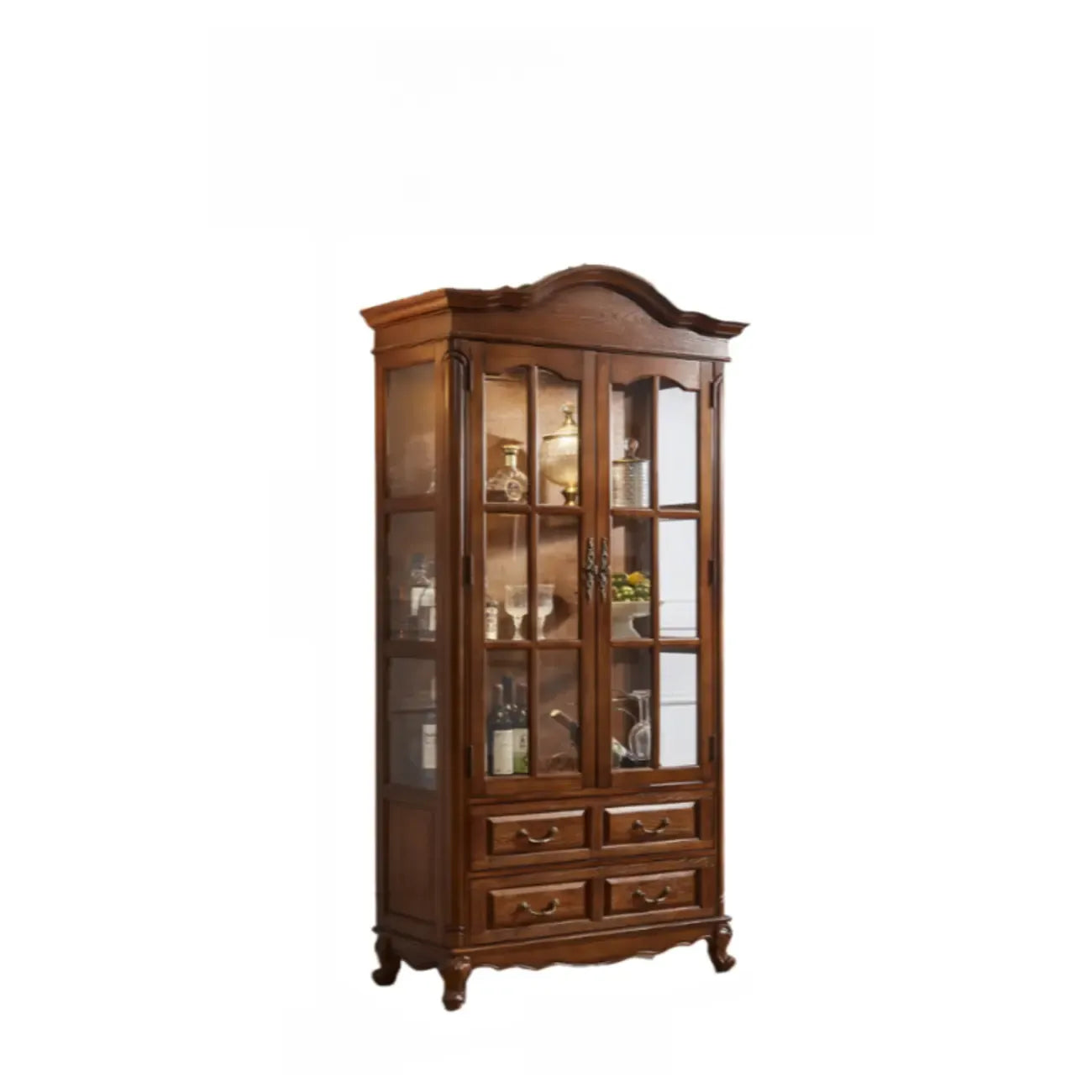 Antique Nut-Brown Wooden Glass Display Storage Cabinet