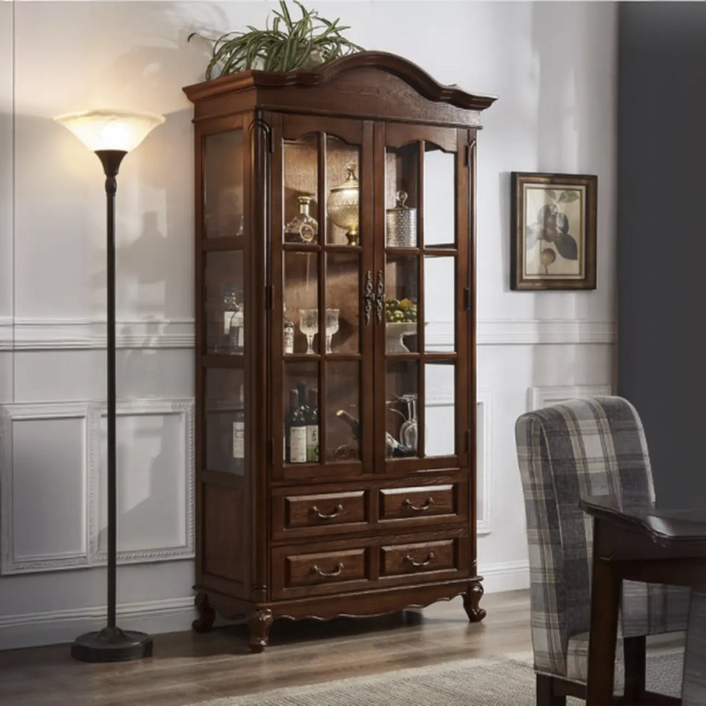 Antique Nut-Brown Wooden Glass Display Storage Cabinet
