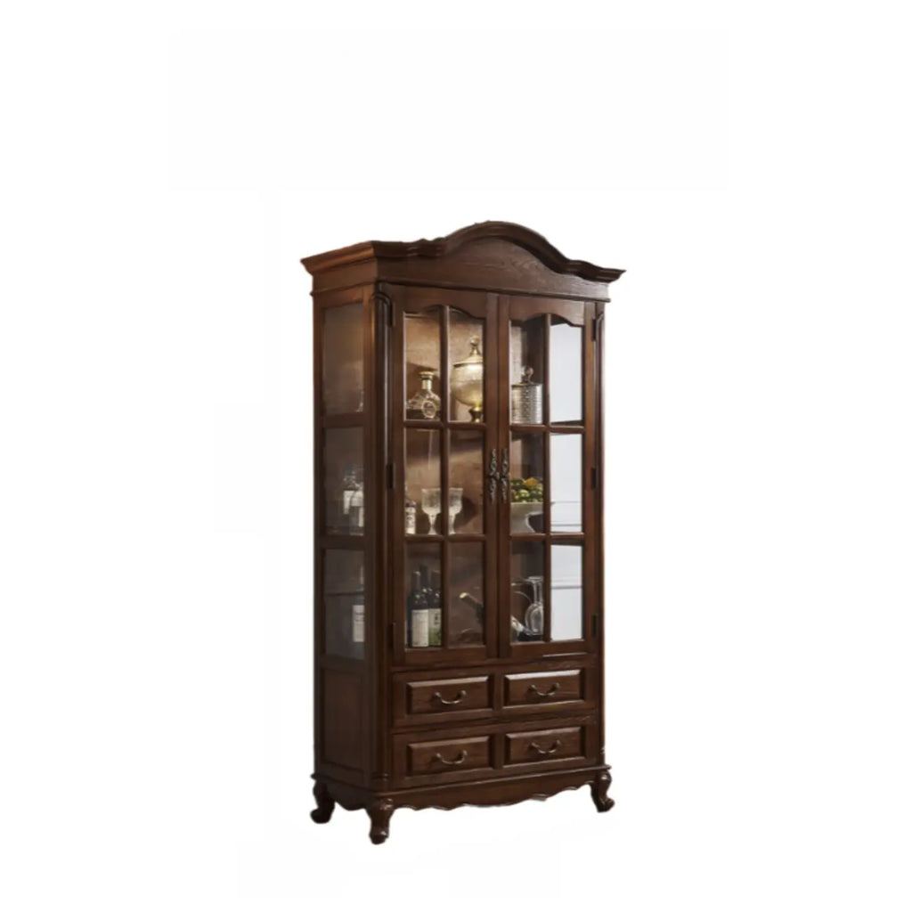 Antique Nut-Brown Wooden Glass Display Storage Cabinet