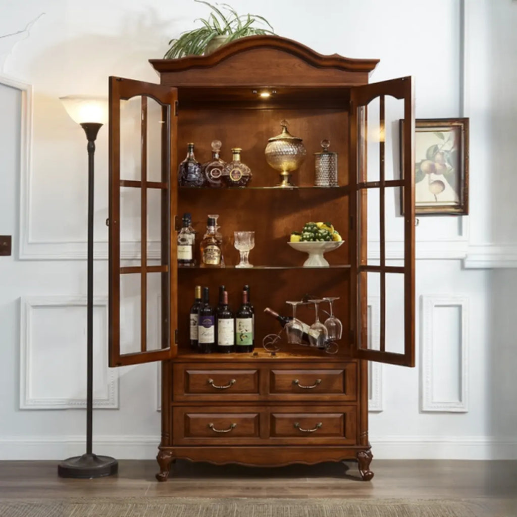 Antique Nut-Brown Wooden Glass Display Storage Cabinet
