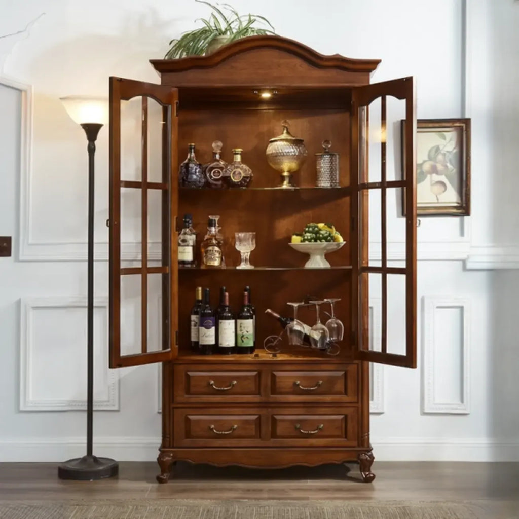 Antique Nut-Brown Wooden Glass Display Storage Cabinet