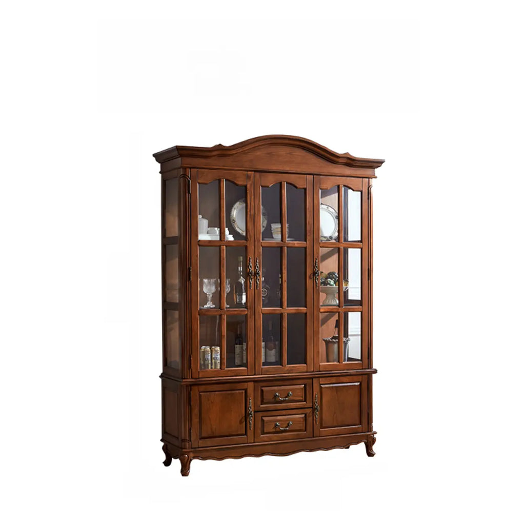 Antique Nut-Brown Wooden Glass Display Storage Cabinet