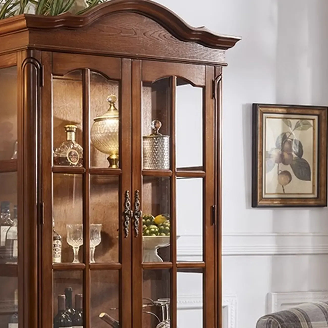 Antique Nut-Brown Wooden Glass Display Storage Cabinet