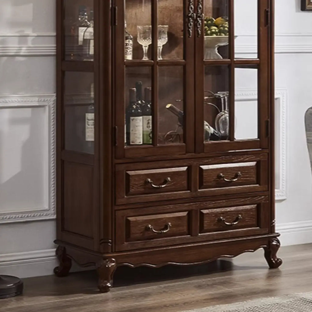 Antique Nut-Brown Wooden Glass Display Storage Cabinet