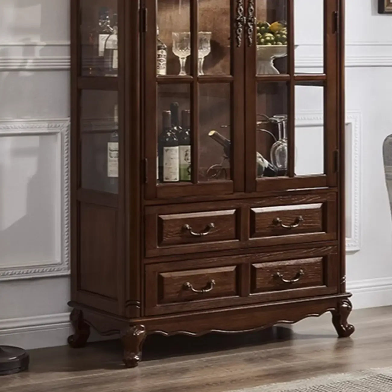 Antique Nut-Brown Wooden Glass Display Storage Cabinet