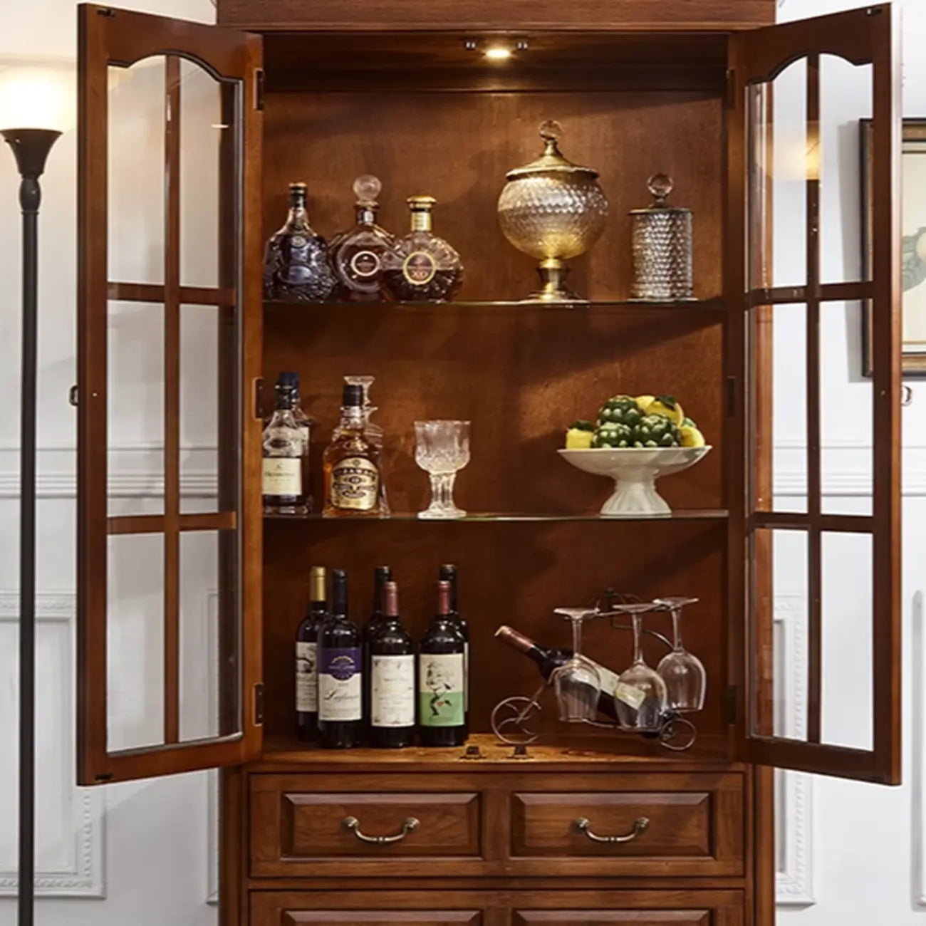 Antique Nut-Brown Wooden Glass Display Storage Cabinet