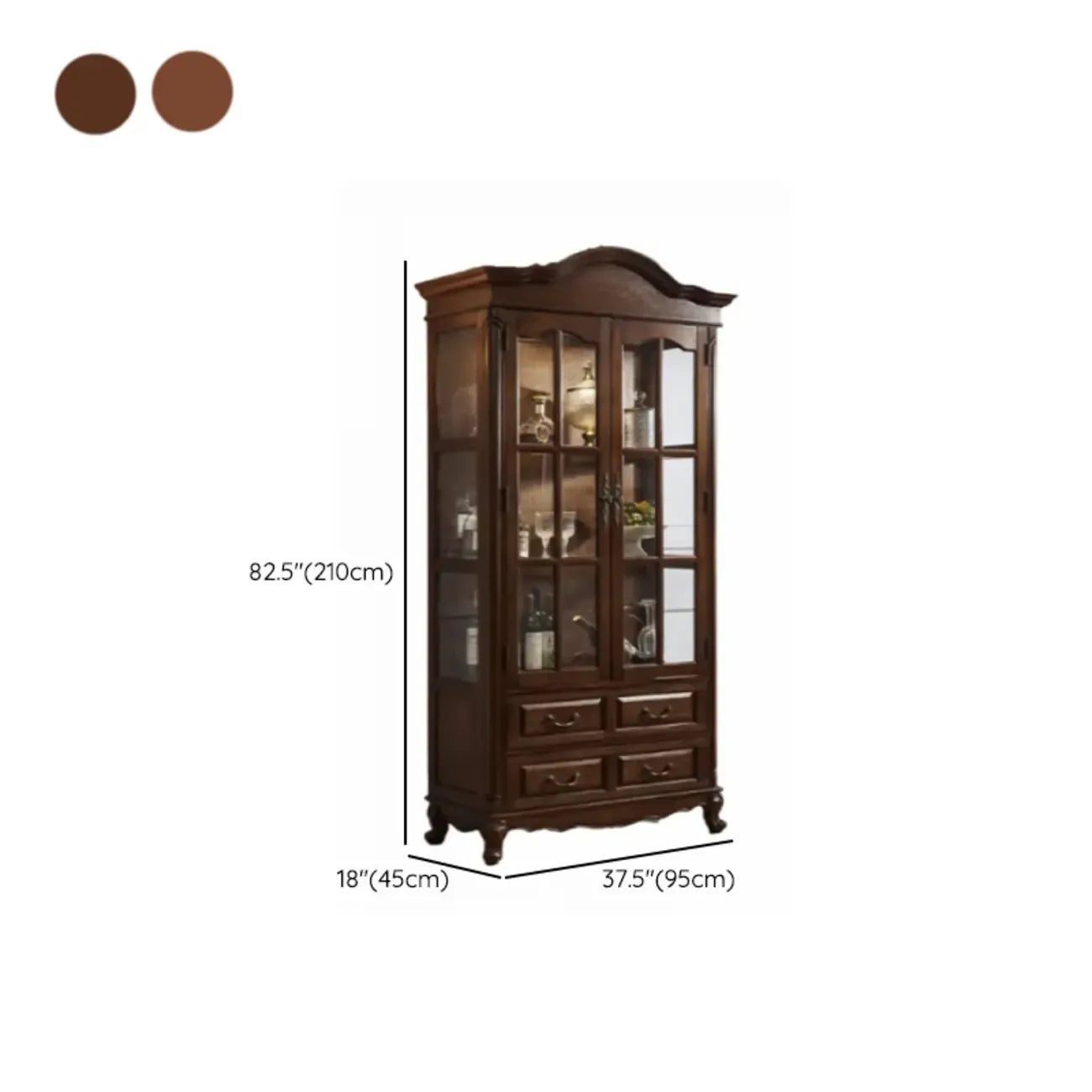 Antique Nut-Brown Wooden Glass Display Storage Cabinet