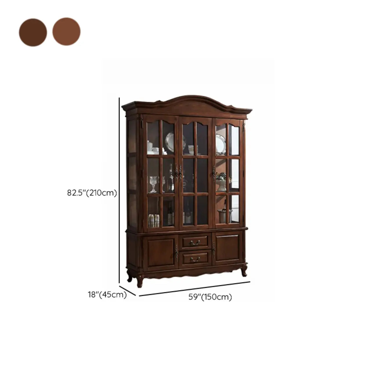 Antique Nut-Brown Wooden Glass Display Storage Cabinet