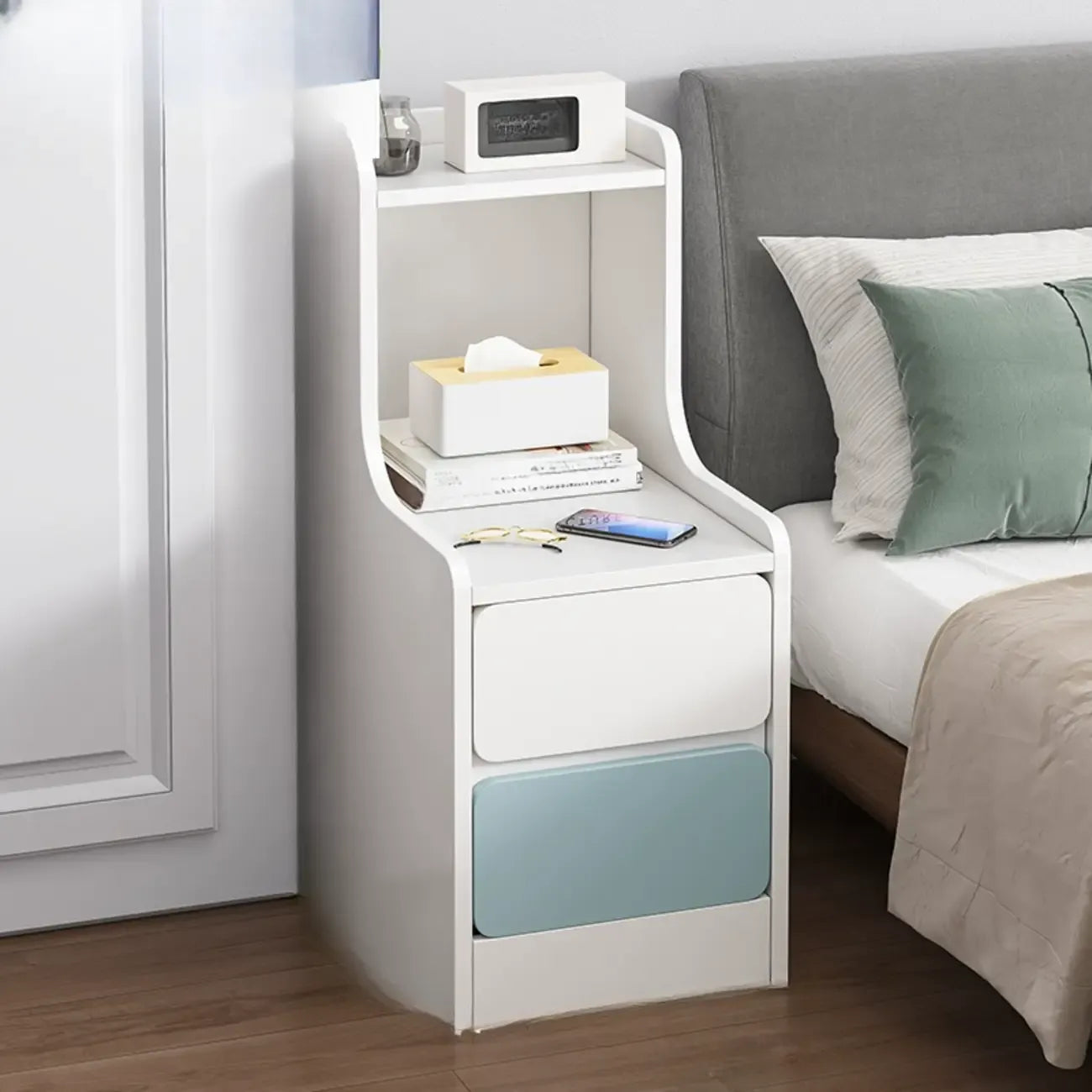 Modern Bedside Table with Drawers - White Nightstand