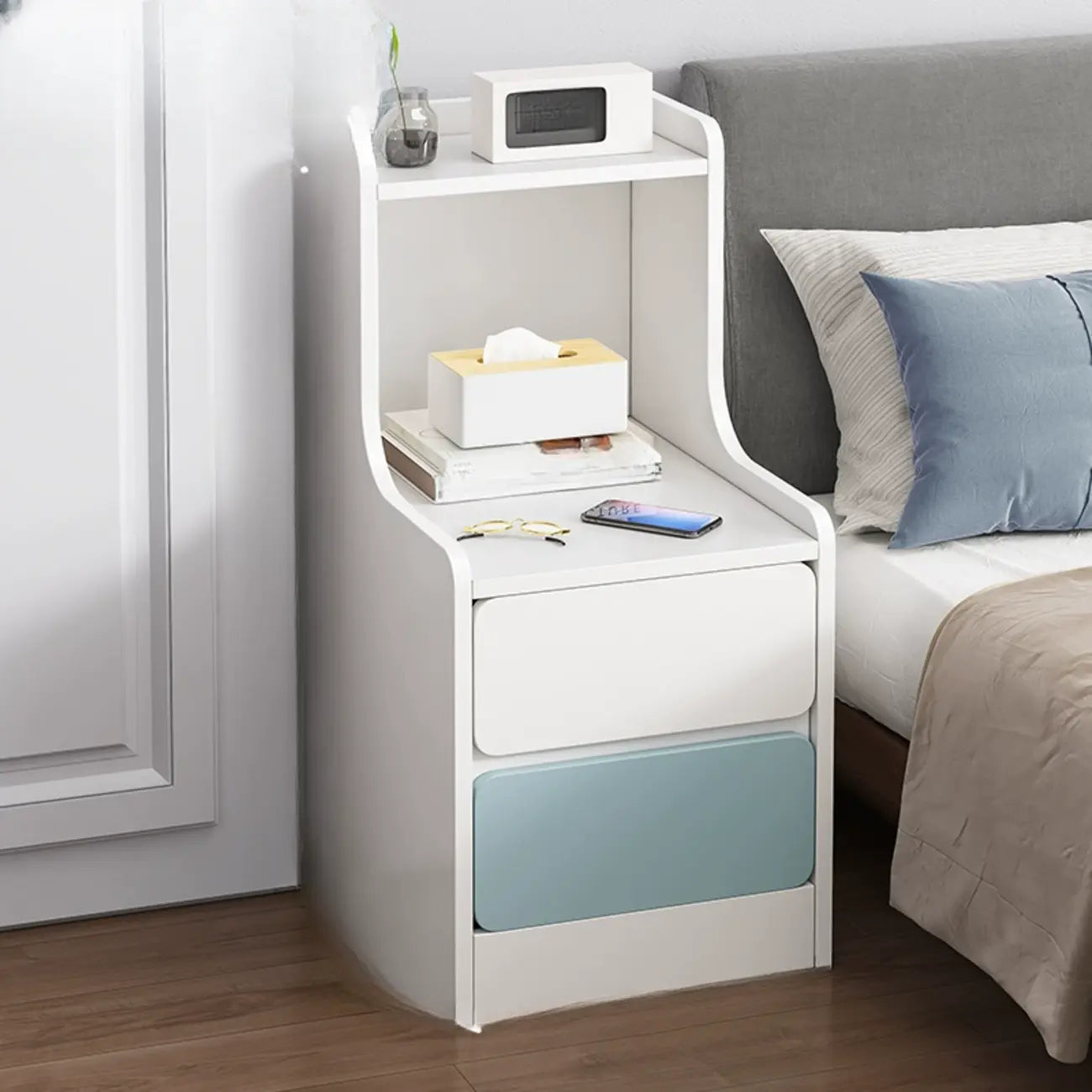 Modern Bedside Table with Drawers - White Nightstand