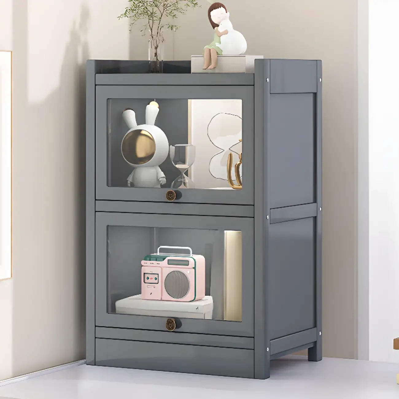 Modern Brown Wooden Clear Glass Front Display Storage Cabinet