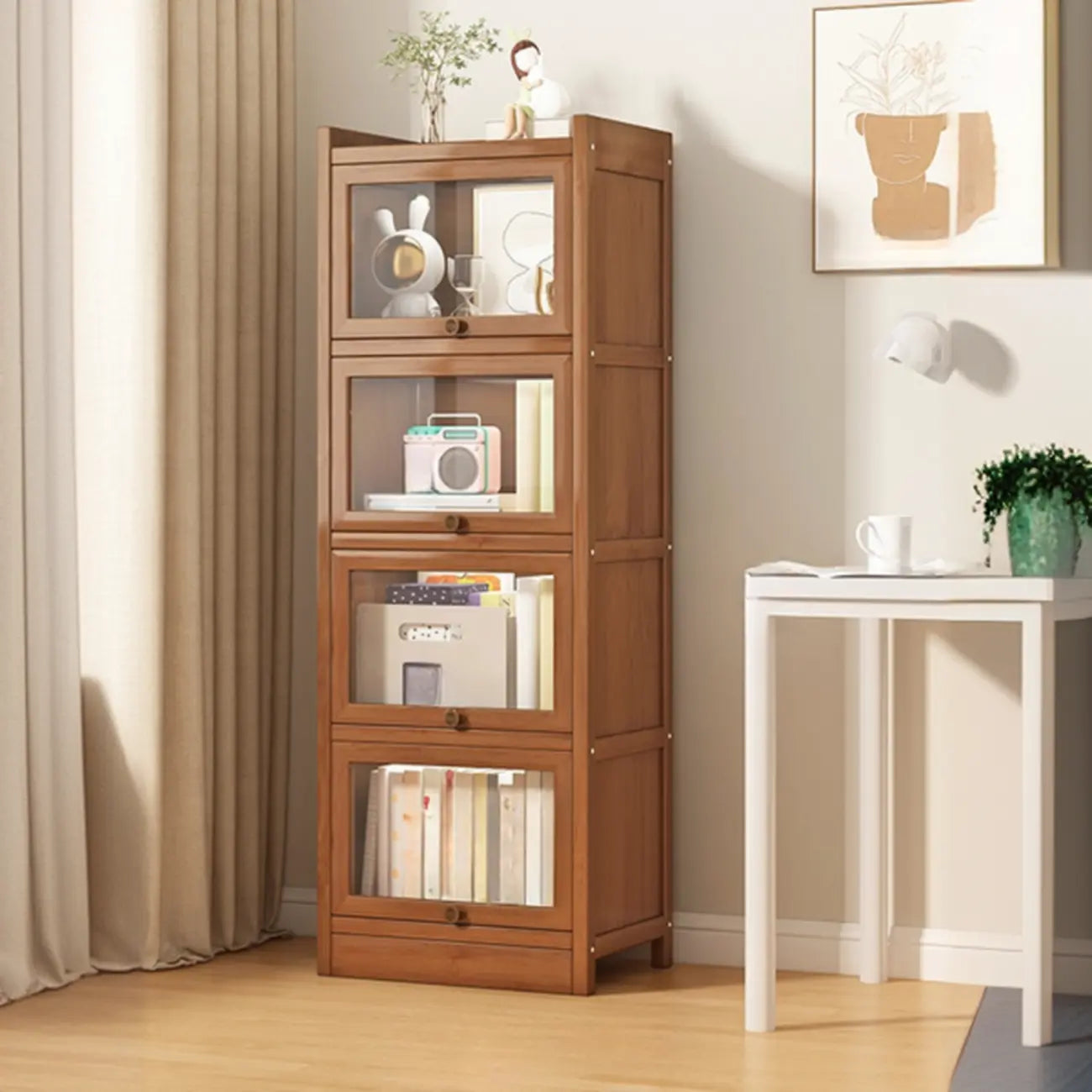 Modern Brown Wooden Clear Glass Front Display Storage Cabinet