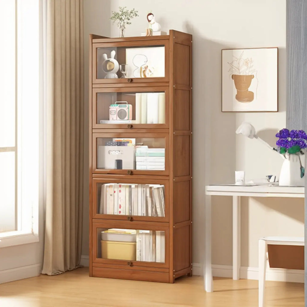Modern Brown Wooden Clear Glass Front Display Storage Cabinet