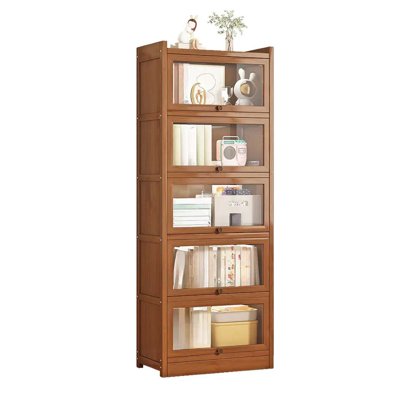 Modern Brown Wooden Clear Glass Front Display Storage Cabinet
