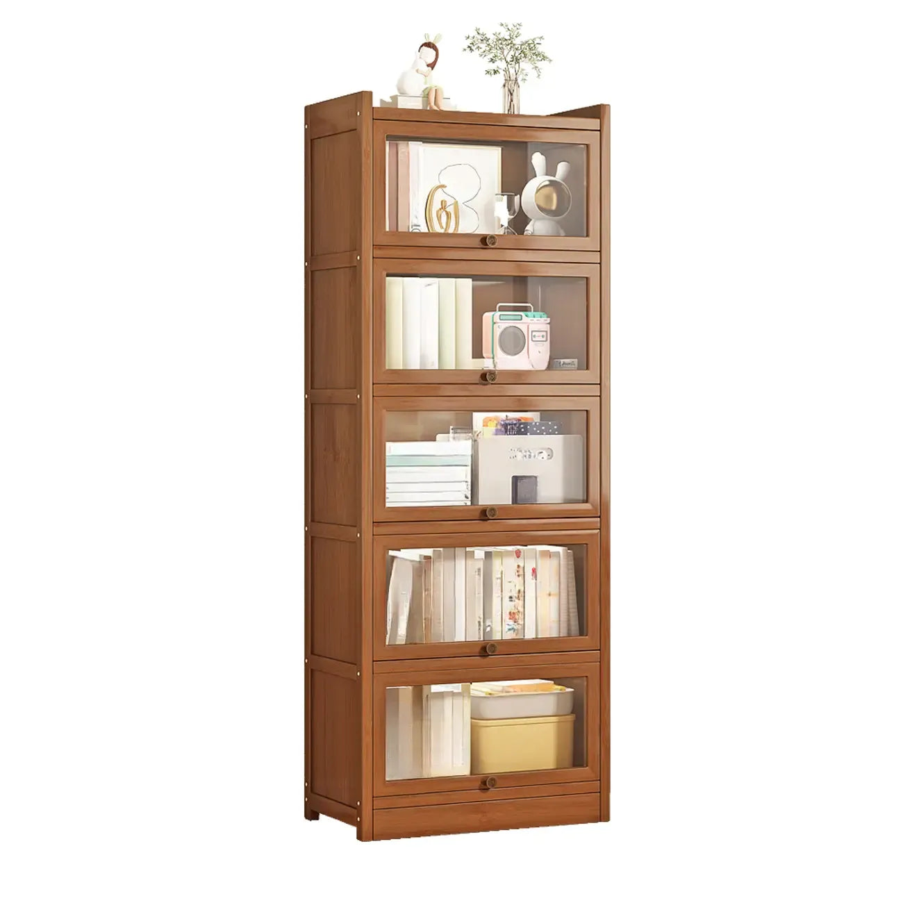 Modern Brown Wooden Clear Glass Front Display Storage Cabinet