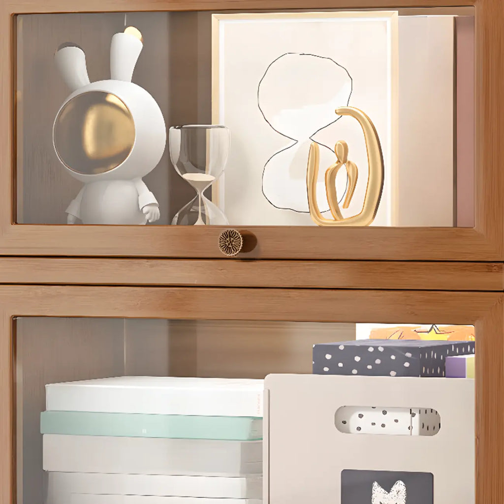 Modern Brown Wooden Clear Glass Front Display Storage Cabinet