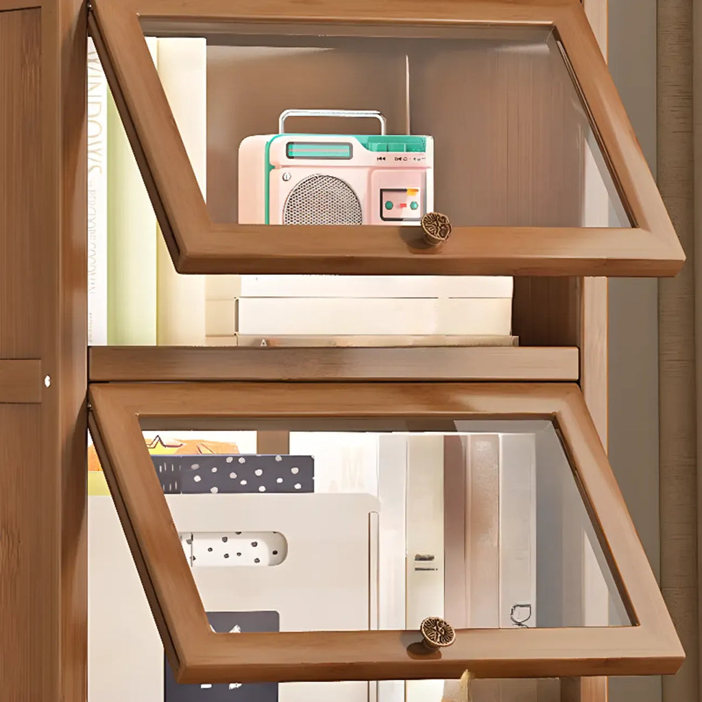 Modern Brown Wooden Clear Glass Front Display Storage Cabinet