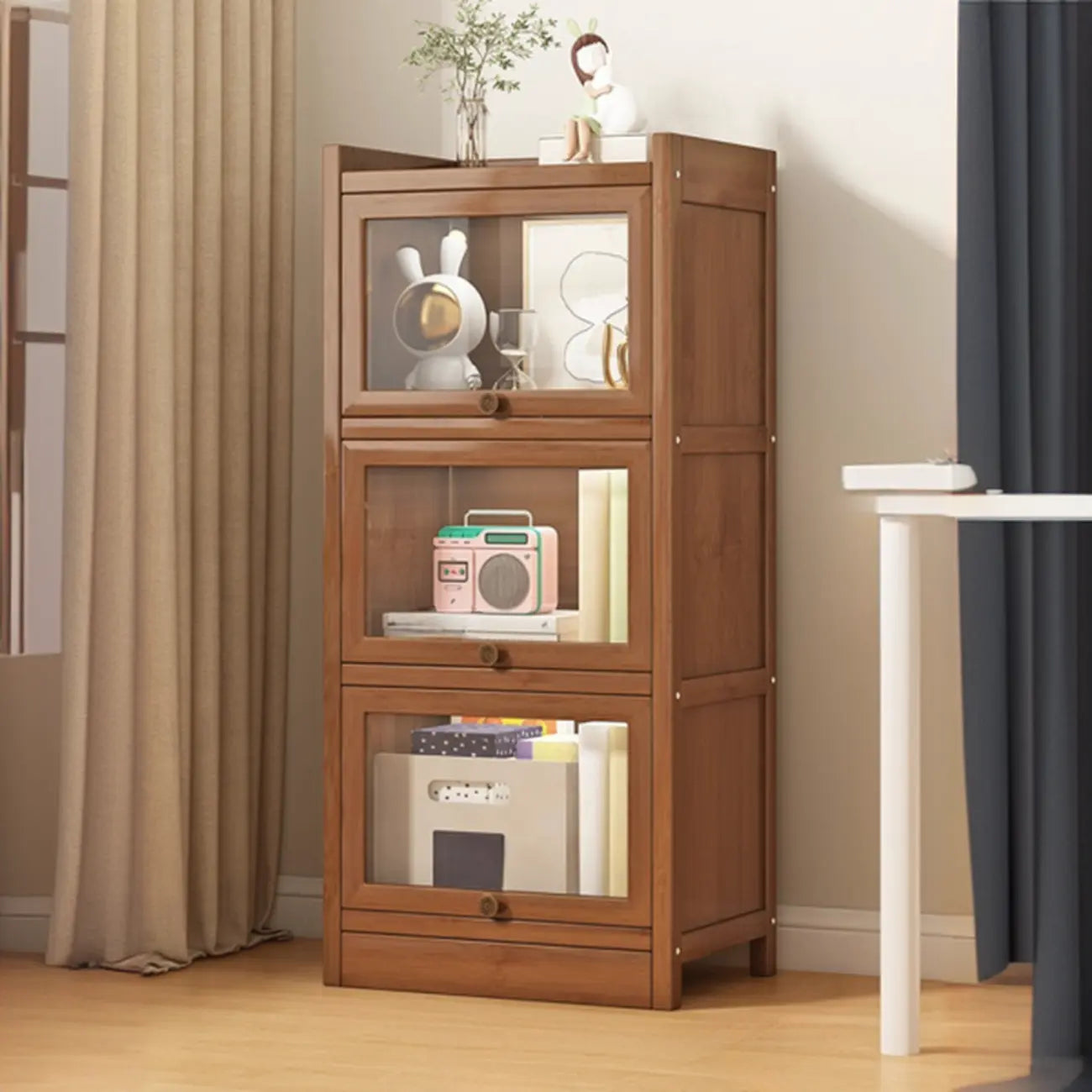 Modern Brown Wooden Clear Glass Front Display Storage Cabinet