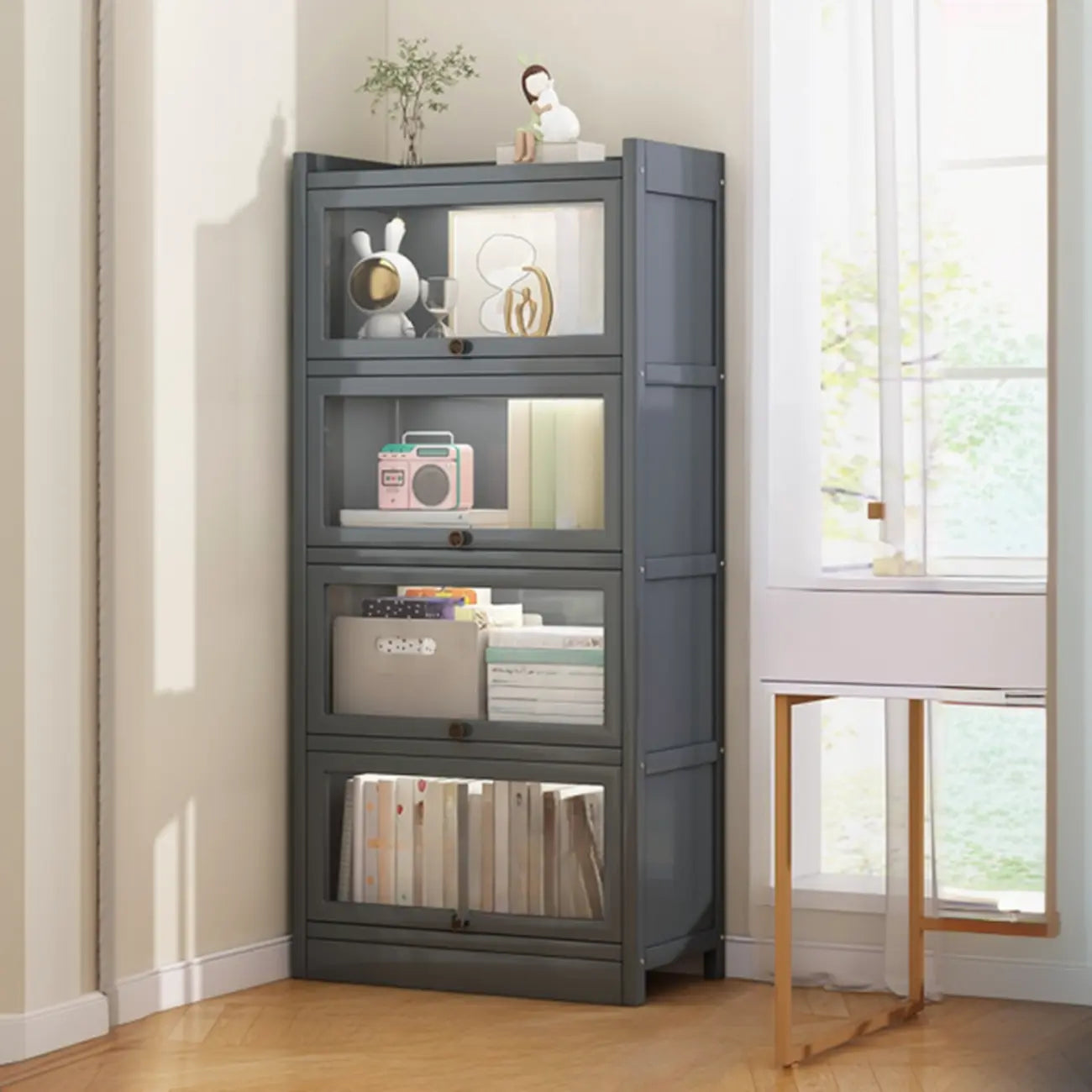 Modern Brown Wooden Clear Glass Front Display Storage Cabinet