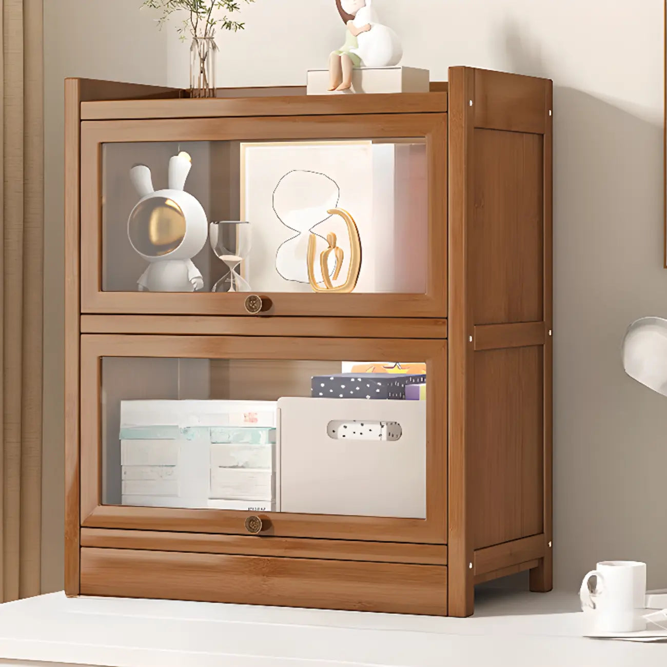 Modern Brown Wooden Clear Glass Front Display Storage Cabinet