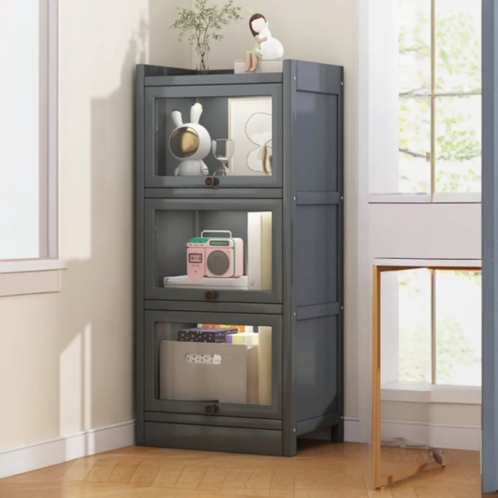 Modern Brown Wooden Clear Glass Front Display Storage Cabinet