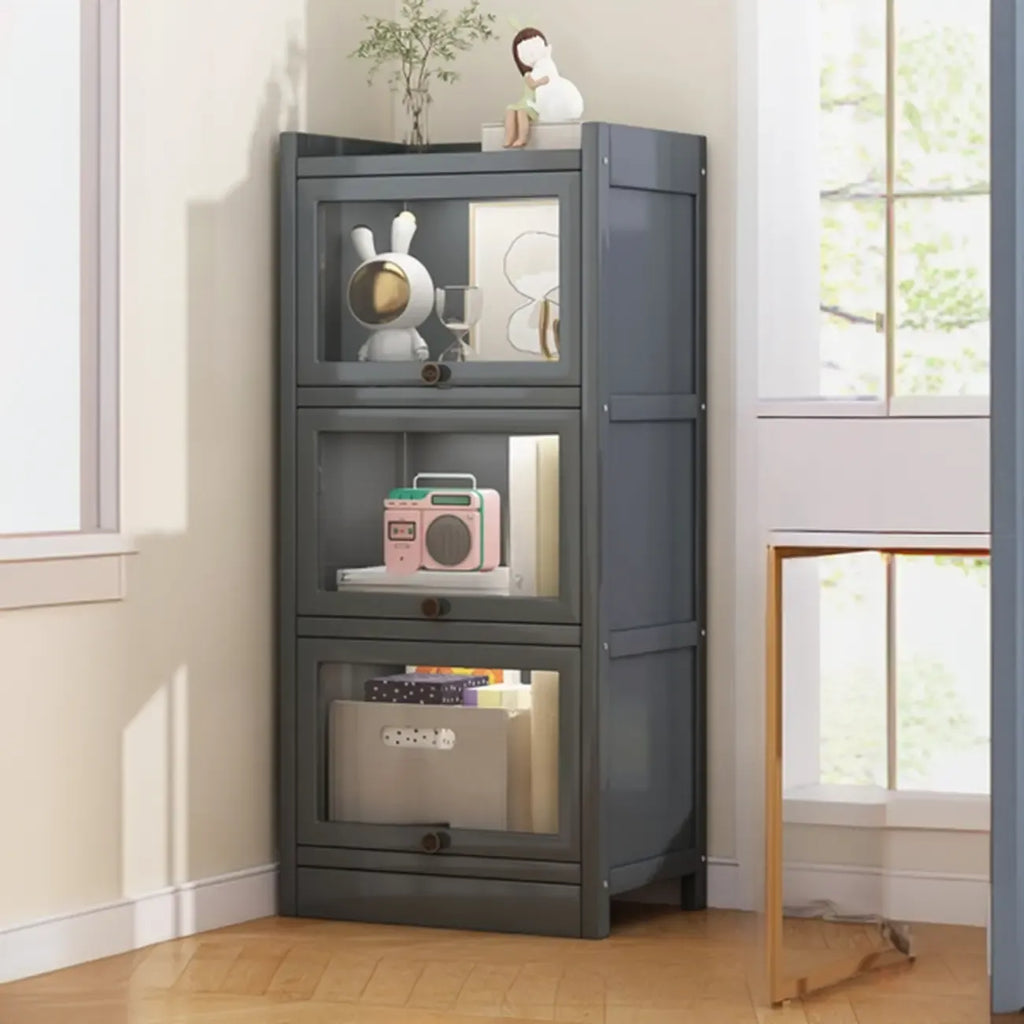 Modern Brown Wooden Clear Glass Front Display Storage Cabinet