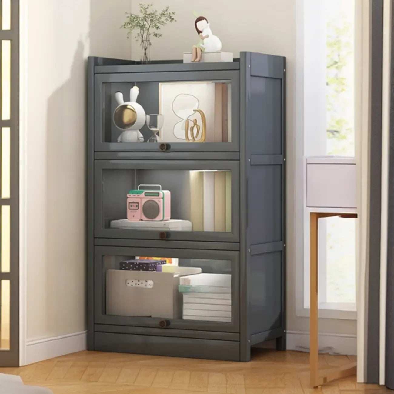 Modern Brown Wooden Clear Glass Front Display Storage Cabinet
