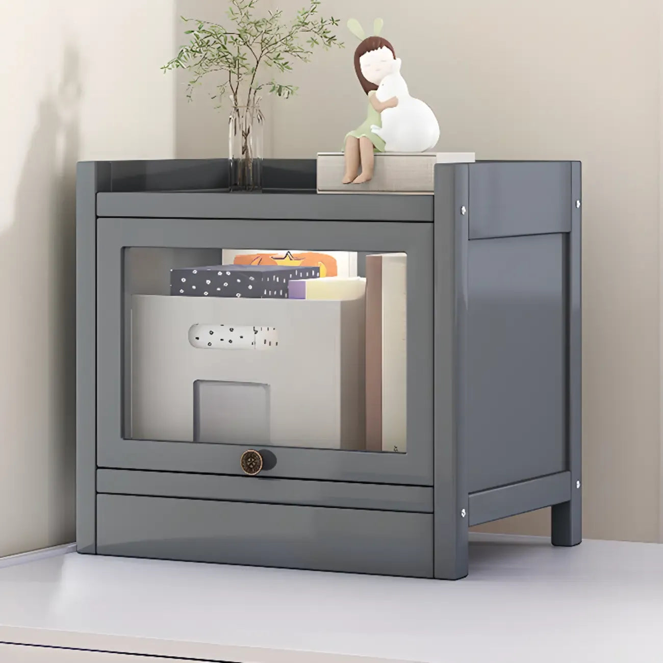 Modern Brown Wooden Clear Glass Front Display Storage Cabinet